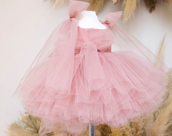 Robe de fille d'anniversaire thé rose, robe de fille de fleur de tutu en tulle, robe de remise des diplômes, séance photo, robe de bébé, robe pour toute petite occasion spéciale