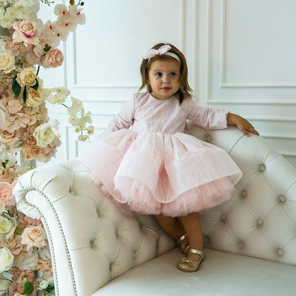 Tutu First Birthday Dress, Flower Girl Dress, Sparkly Baby Girl Dress, Long Sleeve, Knee Length, Princess Toddler Dress