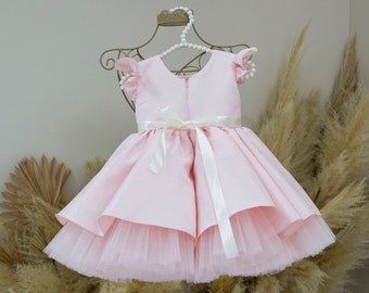 Light Pink Satin First Birthday Dress, Baptism Baby Dress, Graduation Dressy Gown, Wedding, Pageant & Special Occasion Toddler Outfit