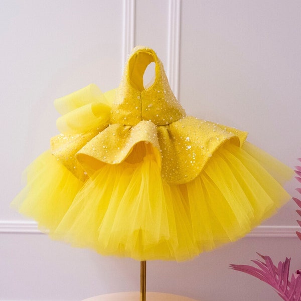 Yellow Birthday Party Baby Dress, Flower Girl Dress, Sparkling Toddler Dress, First Birthday Dress, Tutu Prom Gown, Smash Cake Dress