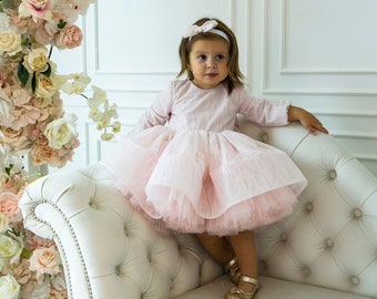 Tutu First Birthday Dress, Flower Girl Dress, Sparkly Baby Girl Dress, Long Sleeve, Knee Length, Princess Toddler Dress