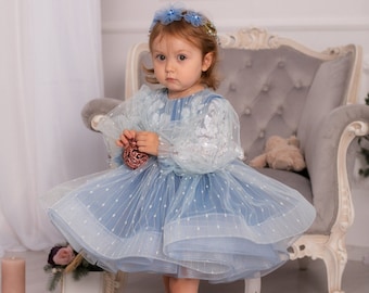 Blue First Birthday Dress, Flower Girl Dress, Tutu Lace Baby Dress, Long Sleeve, Prom, Xmas, Photoshoot, Toddler Special Occasion Dress