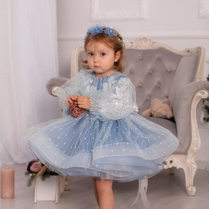 Blue First Birthday Dress, Flower Girl Dress, Tutu Lace Baby Dress, Long Sleeve, Prom, Baptism, Photoshoot, Toddler Special Occasion Dress