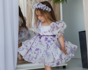 Purple & White Floral Print Birthday Girl Dress, Flower Girl Dress, Puffy Sleeve, Toddler Dress, Cake Smash, Special Occasion Baby Dress