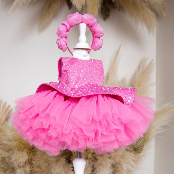 Hot Pink First Birthday Baby Dress, Flower Girl Dress, Tutu Peplum Girl Dress, Pageant Prom Gown, Sequin Special Occasion, Photoshoot Dress