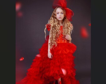 Red Flower Girl Dress tulle dress with train birthday girl dress red tulle dress low high dress red tulle dress ruffled birthday girl dress