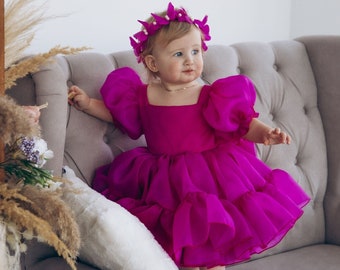 Fuchsia First Birthday Dress, Tutu Puffy Toddler Dress, Prom Gown, Dance Girl Dress, Special Occasion Baby Dress, Smash Cake Photo Dress