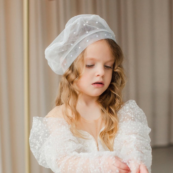 Ivory Flower Girl & Prom Head Wear, Pearls Beret, Pageant Birthday Tulle Cap, Wedding Bridal Hair Accessory, First Communion, Baptism Cap