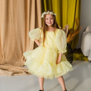 Yellow Birthday Girl Dress, Flower Girl Dress, Tutu Puffy Baby Dress, Christening Dress, Special Occasion Dress, Short Puffy Dress image 1