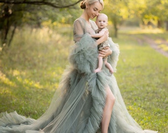Sage Green Pregnancy Photoshoot Dress, Maxi Transparent Tulle Boudoir With Train, Puffy Sleeve, Maternity Oversize Robe - Etsy UK Sage Green Pregnancy Photoshoot Dress, Maxi Transparent Tulle Boudoir With Train, Puffy Sleeve, Maternity Oversize Robe - Etsy UK