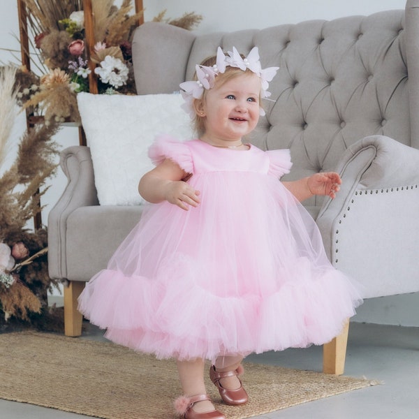 Pink First Birthday Dress, Flower Girl Wedding Dress, Baptism Baby Dress, Toddler Puffy Dress, Tutu Tulle Dress, Cake Smash Gown