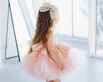 Gold & Blush Pink Baby Girl Dress, Sparkling Birthday Party Outfit, Photoshoot, Graduation, Pageant Peplum Gown, Flower Girl, Tutu Dress