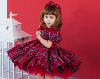 Christmas Red Plaid Dress, Xmas Photoshoot, Baby Girl Dress, Ready