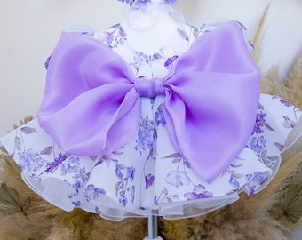 Purple Floral Birthday Girl Dress, Special Occasion Toddler Dress, Flower Girl Dress, Big Bow, Prom Flower Print Gown, Pageant Infant Dress