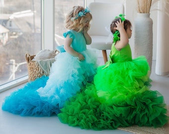 Ready To Ship, Turquoise Birthday Baby Dress, Ombre Flower Girl Dress, Green Dress, Long Train, Size 9-12, Prom Gown, Delivery From USA