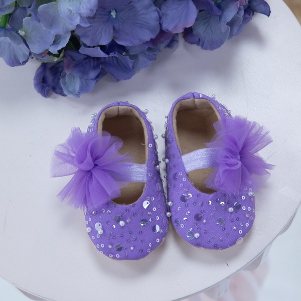 Purple Sparkling Baby Booties, First Birthday Shoes, Anti-Slip Soft Slippers, Accessory For Girl Dress, Big Hair Bow, Special Occasion, Gift