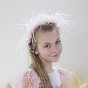 Pink Flower Girl Feathers Headband, Wedding & Prom Hair Accessory, Birthday Baby Girl Crown, Carnival, Flower Girl Headwear