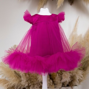 Eerste verjaardag Berry, roze tutu-jurk, babybaljurk, bloemenmeisjesjurk, gezwollen babytulejurk peuter, cake Smash, feestelijke kleding