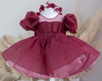 Vestido de cumpleaños para bebé con purpurina burdeos, vestido de fiesta para niña pequeña, vestido de baile, vestido de graduación, vestido de niña con purpurina, atuendo formal de graduación.