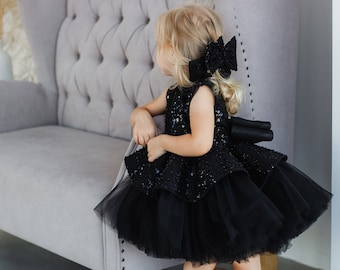 Black Sparkling Toddler Dress, Birthday Party Girl Gown, Peplum Sequined Prom Dress, Flower Girl, Photoshoot, Special Occasion Baby Dress