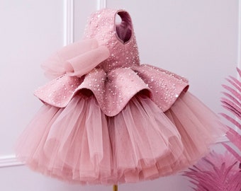 Dusty Rose First Birthday Dress, Sequined Flower Girl Dress, Party Girl Dress, Sparkling Baby Prom Dress, Tutu Tulle Toddler Gown