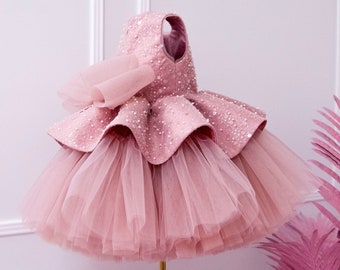 Dusty Rose First Birthday Dress, Sequined Flower Girl Dress, Party Girl Dress, Sparkling Peplum Prom Dress, Tutu Tulle Toddler Dress