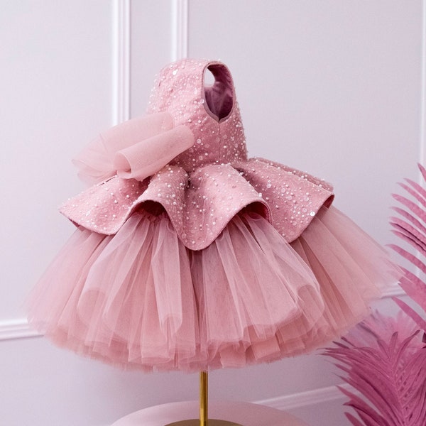 Dusty Rose First Birthday Dress, Sequined Flower Girl Dress, Party Girl Dress, Sparkling Peplum Prom Dress, Tutu Tulle Toddler Dress