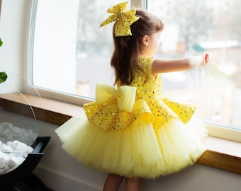 Yellow Birthday & Graduation Dress, Sparkly Baby Girl Puffy Dressy Gown, Easter, Flower Girl Dress, Dance Sequin Toddler Dress, Big Bow