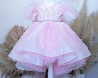 Pink Glitter Girl Birthday Dress, Flower Girl, Graduation Gown, Feathers Sleeve, Pageant Toddler Dress, Train, Special Occasion Baby Outfit