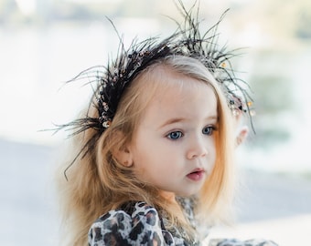 Feathers Girl Crown, Black Prom Hair Accessory, Flower Girl, Birthday Party, Graduation Headband, Bridal Wedding Headpiece, Special Occasion