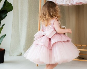 Blush Pink Sparkly Toddler Puffy Dress, Birthday Party Princess Gown, Sequins Baby Dress, Flower Girl Tutu Dress, Graduation, Big Bow