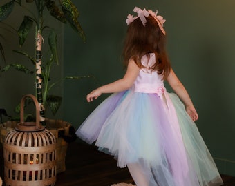 Unicorn Baby Girl Birthday Dress, Tutu Multicolored Rainbow Gown, Pageant Toddler Dress, Flower Girl, Photoshoot, Knee Dress With Train