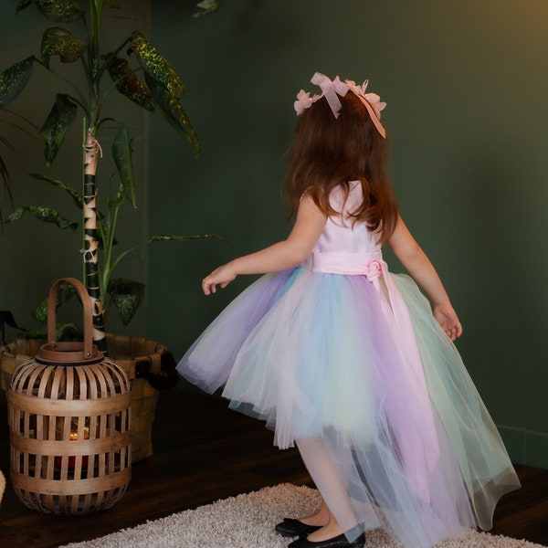 Unicorn Baby Girl Birthday Dress, Tutu Multicolored Rainbow Gown, Pageant Toddler Dress, Flower Girl, Photoshoot, Knee Dress With Train