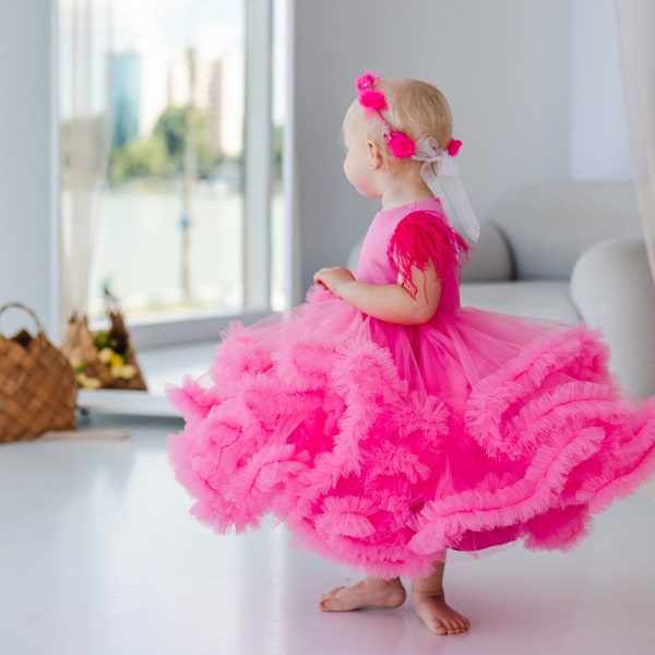 Pink First Birthday Dress, Tutu Puffy Flower Girl Dress, Feathers Sleeve, Prom, First Communion, Special Occasion, Photoshoot Baby Girl Gown