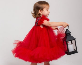 Christmas Red Plaid Baby Dress, Photoshoot, Tutu Tulle Toddler Dress, Xmas Girls Costume, Knee Length, Infant Party Gown