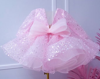 Rosa Geburtstagskleid für Kleinkinder, Tutu Pailletten Blumenmädchenkleid, lange Ärmel, funkelndes Abendkleid, Babykleid für besondere Anlässe