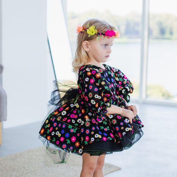 Black & Floral Birthday Girl Dress, Tutu Graduation Dress, Halloweens Gown, Long Sleeve, Special Occasion, Multicolored Flowers Dress