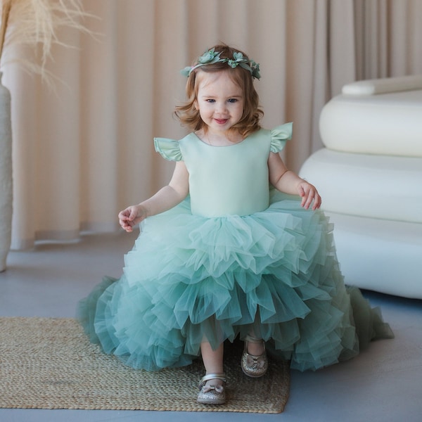 Green Ombre Flower Girl Dress, Birthday Girl Dress, Long Sweep Train, Tutu Prom Ball Gown, Multilayered Toddler Dress, Formal Event Dress