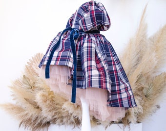 Plaid Christmas Baby Girl Dress, Blue & Red Xmas Toddler Gown, Photoshoot Flannel Costume, Short Puffy Sleeve, Hi Lo, Xmas Kids Outfit