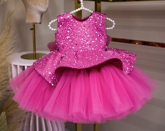 Hot Pink Birthday Girl Dress, Sparkling Tutu Toddler Dress, First Birthday Gown, Peplum Sequined Prom Dress, Special Occasion Baby Dress