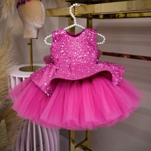 Hot Pink Birthday Girl Dress, Sparkling Tutu Toddler Dress, First Birthday Gown, Peplum Sequined Prom Dress, Special Occasion Baby Dress