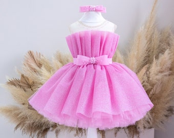 Baby Girl Pink Glitter Birthday Dress, Wedding Tutu Knee Gown, Elegant Party Toddler Outfit, Pageant, Homecoming Dress Special Occasion Gown