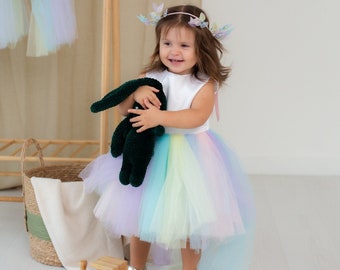 Rainbow Girl Birthday Dress, Unicorn Baby Gown, Tutu Multicolored, Pageant Toddler Dress, Flower Girl, Photoshoot, Knee Dress With Train