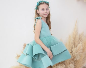 Sage Green One Shoulders Party Girl Dress, Birthday & Prom Girl Gown, Knee Pageant Toddler Dress, Ruffles Special Ocassion Dress