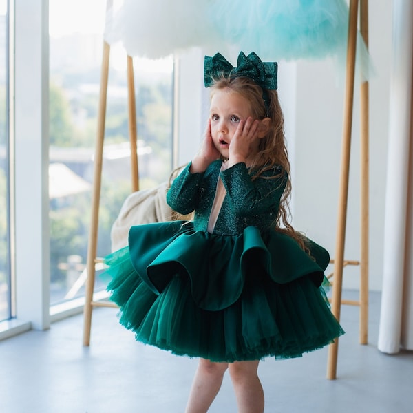 Green Xmas Photoshoot Dress, Sparkling Baby Girl Gown, Birthday, Prom, Tutu Christmas Outfit, Long Sleeve, Special Occasion Toddler Dress