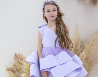 Lavendel chic ruches jurk, verjaardag partij meisje jurkje, één schouder, bruiloft & afstuderen Kids jurk, optocht peuter outfit
