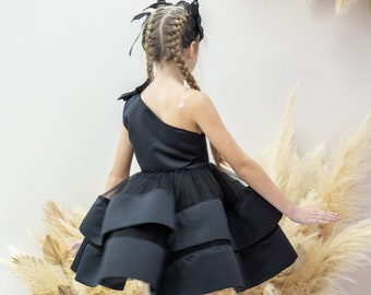 Schwarzes Tutu Rüschen Partykleid, Geburtstags-Kleinkind-Kleid, eine Schulter, kurzes Tanzkleid, Fotoshooting-Baby-Outfit, Festzug, Abschlussball-Prinzessin