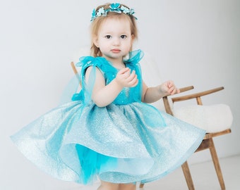 Turquoise Birthday Party Girl Dress, Glitter Flower Girl Dress, Open Back, Prom Gown, Smash Cake Photo, Special Occasion Baby Outfit