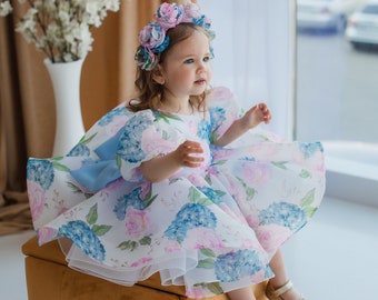 Blue Pink Floral First Birthday Dress, Prom & Flower Girl Dress, Graduation Gown, Cake Smash Baby Photoshoot, Big Bow, Toddler Dress