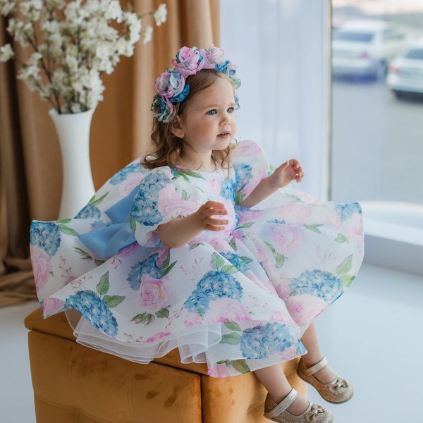 Blue Pink Floral First Birthday Dress, Prom & Flower Girl Dress, Graduation Gown, Cake Smash Baby Photoshoot, Big Bow, Toddler Dress